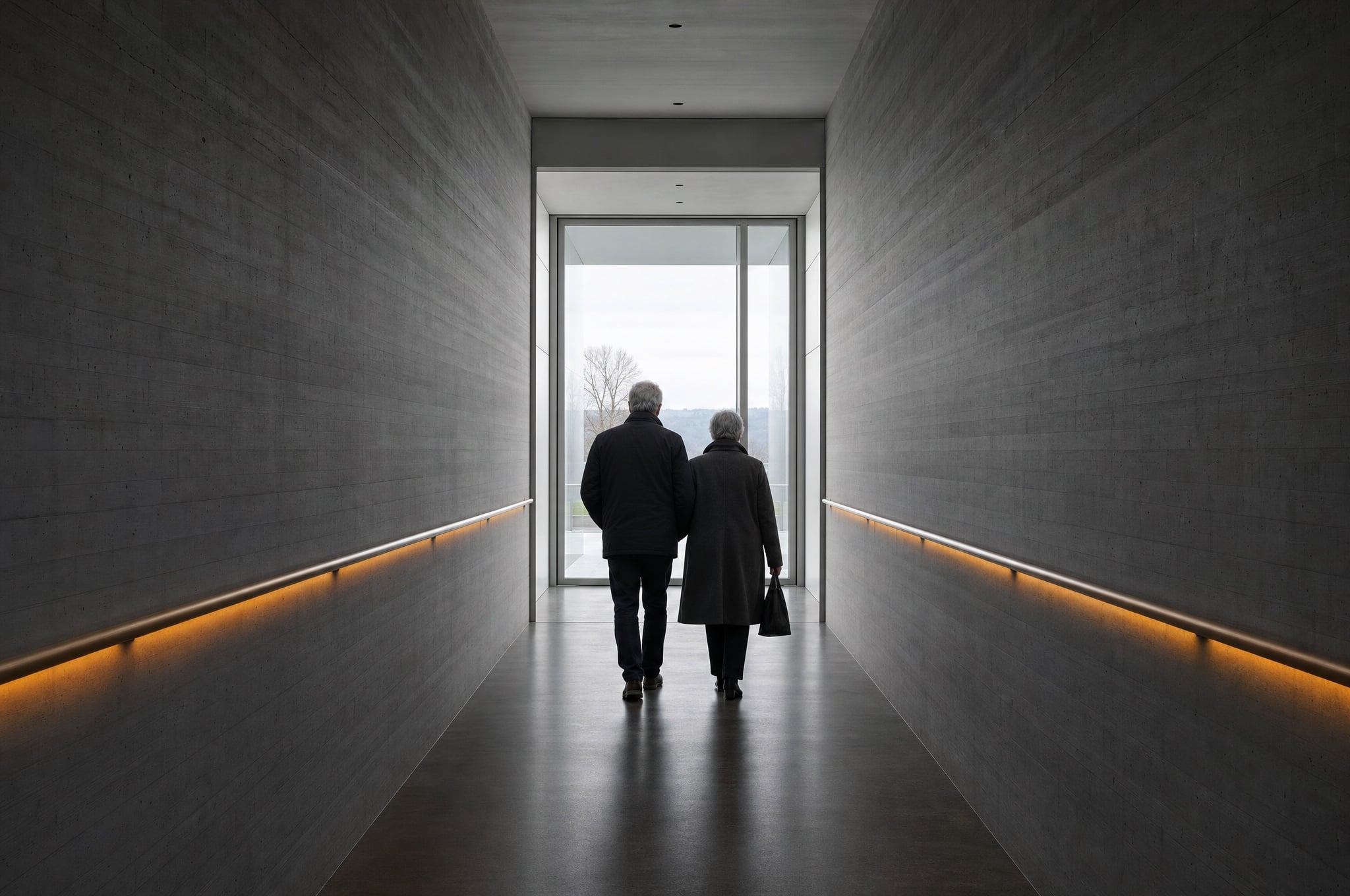 casal 60s de costas caminhando pelo corredor de concreto rumo à luz, trilho de latão aceso dos dois lados