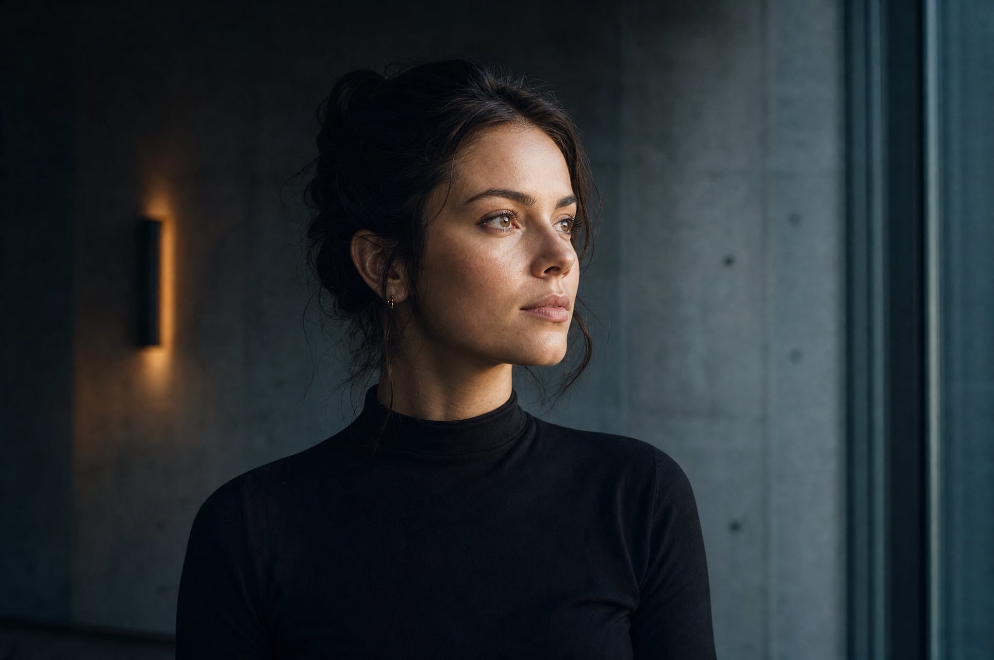 mulher de quase 30 anos de perfil, pele luminosa com textura real, luz âmbar rasante